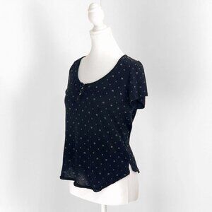 Free People Short Sleeve Cotton Henley Tee Black Print Patterned Women's XS
